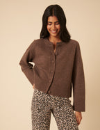 Brown Wool Crew Neck Cardigan
