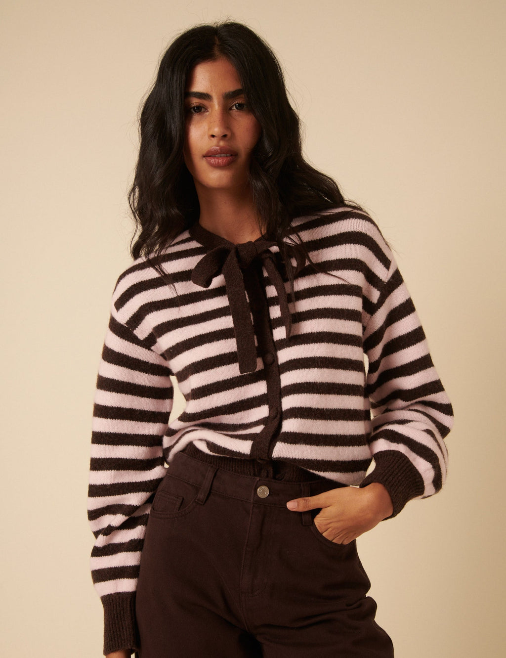 Brown And Pink Striped Tie Neck Cardigan