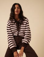 Brown And Pink Striped Tie Neck Cardigan