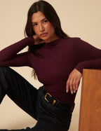 Burgundy Ribbed High Neck Long Sleeve Top