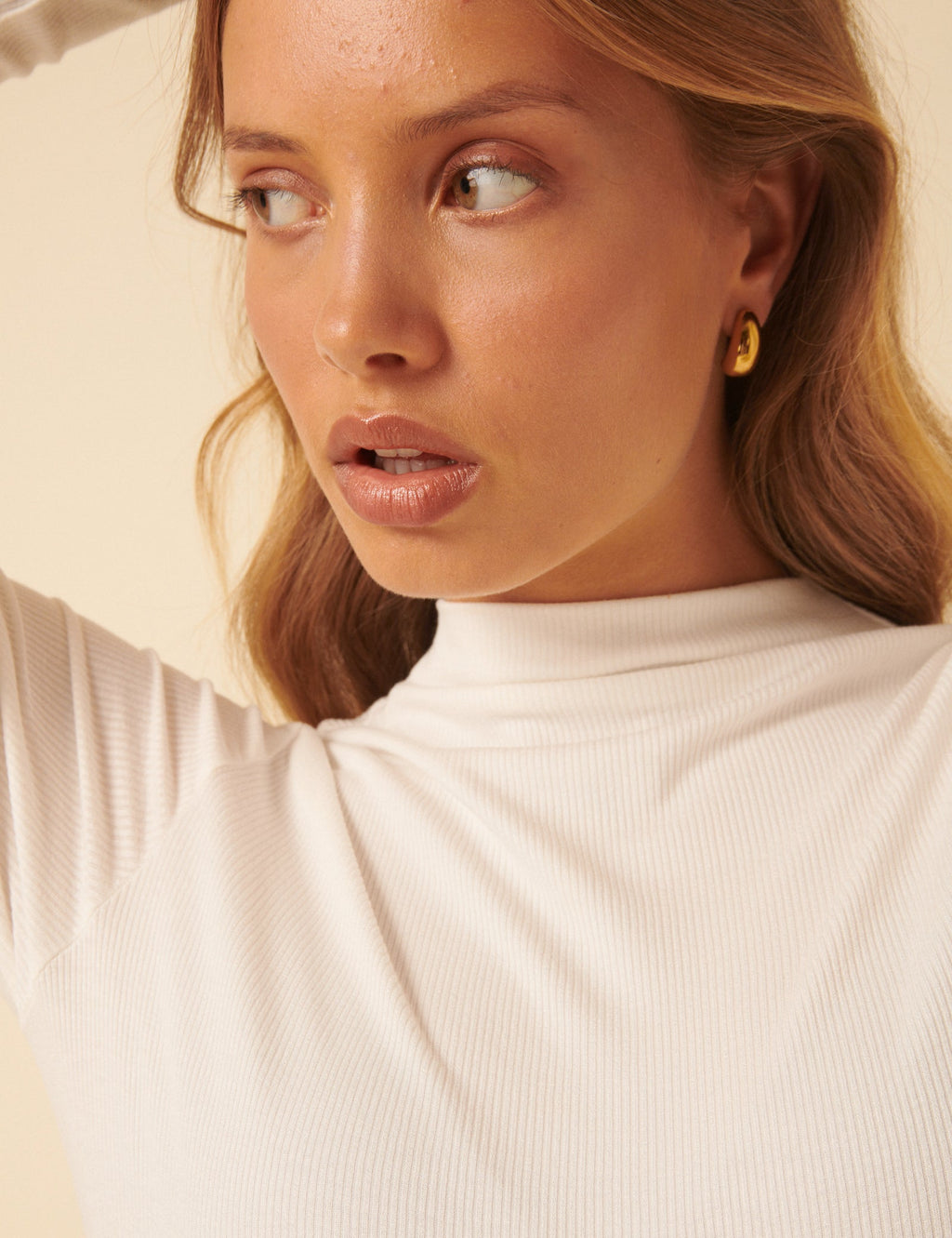 White Ribbed High Neck Long Sleeve Top