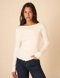 Cream Boat Neck Frill Ribbed Top