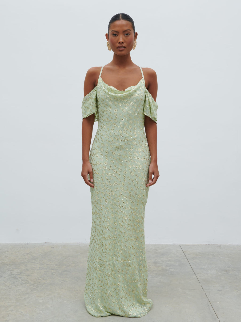 Nia Draped Cold Shoulder Maxi Dress - Pistachio Metallic