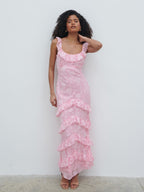 Novie Ruffle Jacquard Maxi Dress - Posie Pink