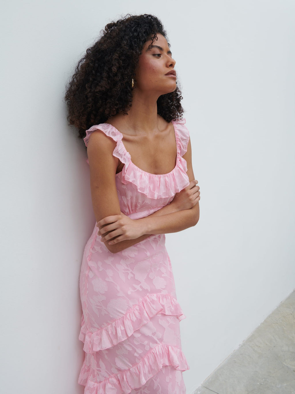 Novie Ruffle Jacquard Maxi Dress - Posie Pink