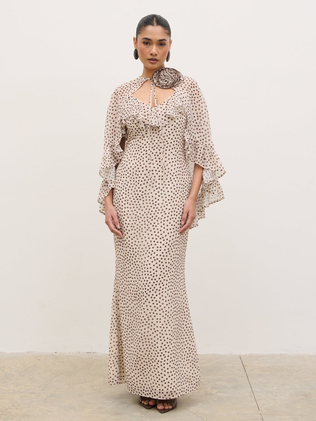 Oriana Corsage Cape Maxi Dress - Cream and Brown Polkadot