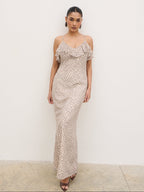 Oriana Corsage Cape Maxi Dress - Cream and Brown Polkadot
