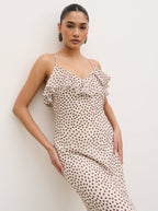 Oriana Corsage Cape Maxi Dress - Cream and Brown Polkadot