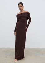 Perrie Bardot Jersey Maxi Dress - Brown