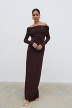 Perrie Bardot Jersey Maxi Dress - Brown