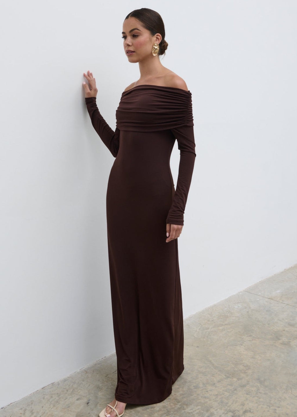 Perrie Bardot Jersey Maxi Dress - Brown
