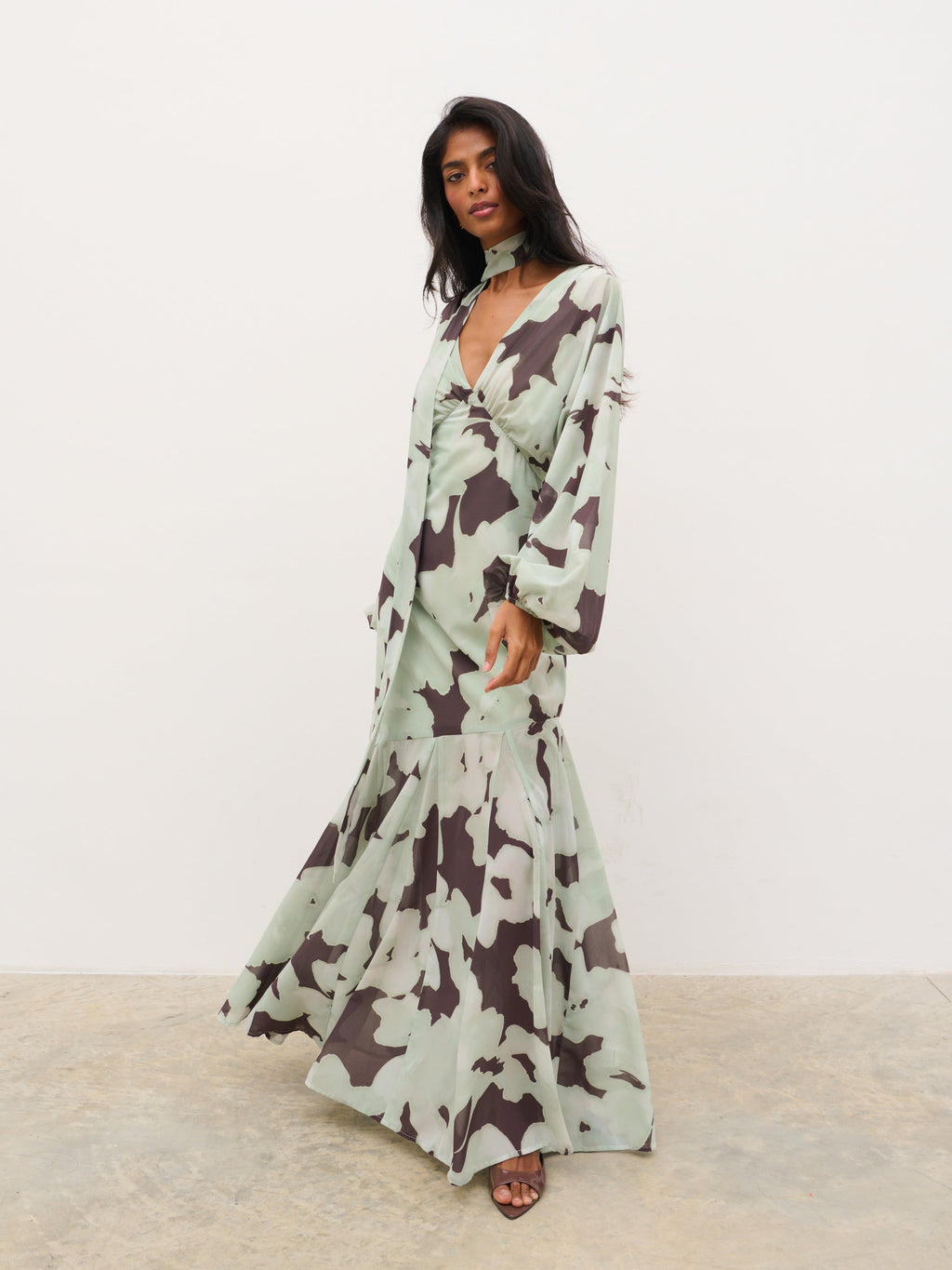 Petula Batwing Scarf Maxi Dress - Mint Watercolour Floral