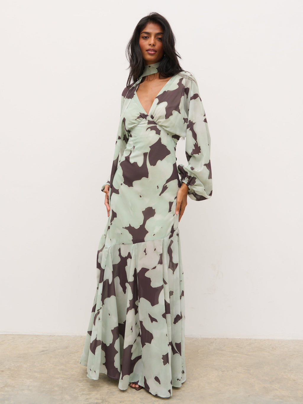 Petula Batwing Scarf Maxi Dress - Mint Watercolour Floral
