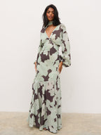 Petula Batwing Scarf Maxi Dress - Mint Watercolour Floral