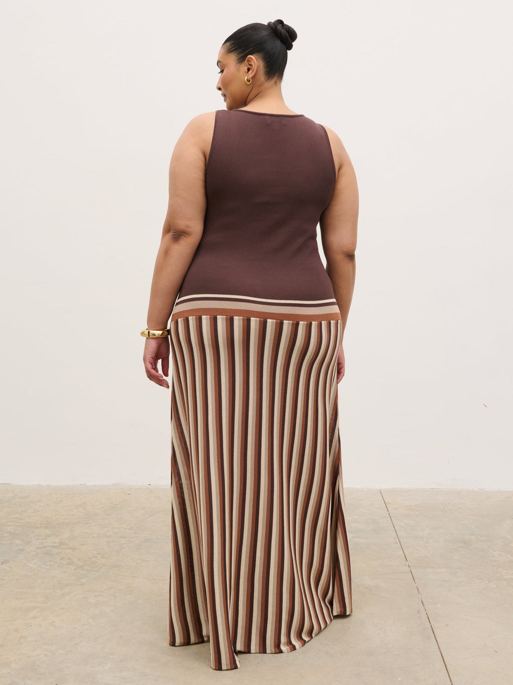 Phoebe Slash Neck Stripe Knit Maxi Dress Curve - Brown