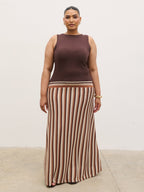 Phoebe Slash Neck Stripe Knit Maxi Dress Curve - Brown