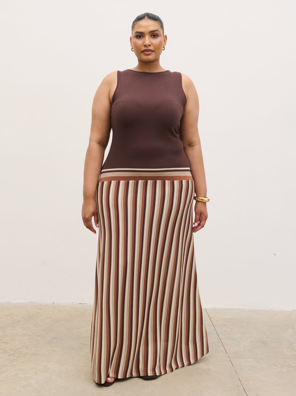Phoebe Slash Neck Stripe Knit Maxi Dress Curve - Brown