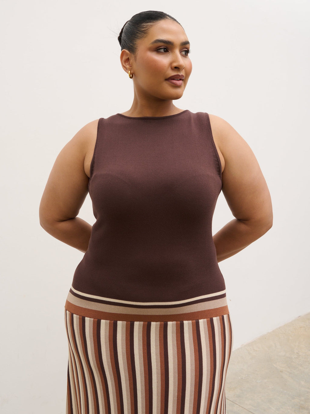 Phoebe Slash Neck Stripe Knit Maxi Dress Curve - Brown