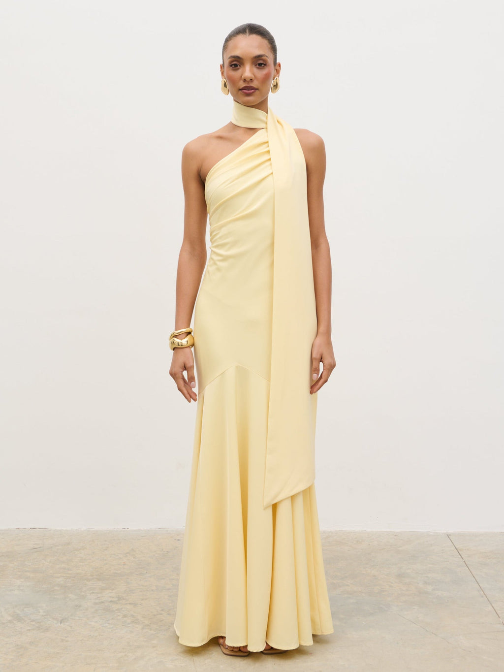 Porto One Shoulder Godet Maxi Dress - Lemon