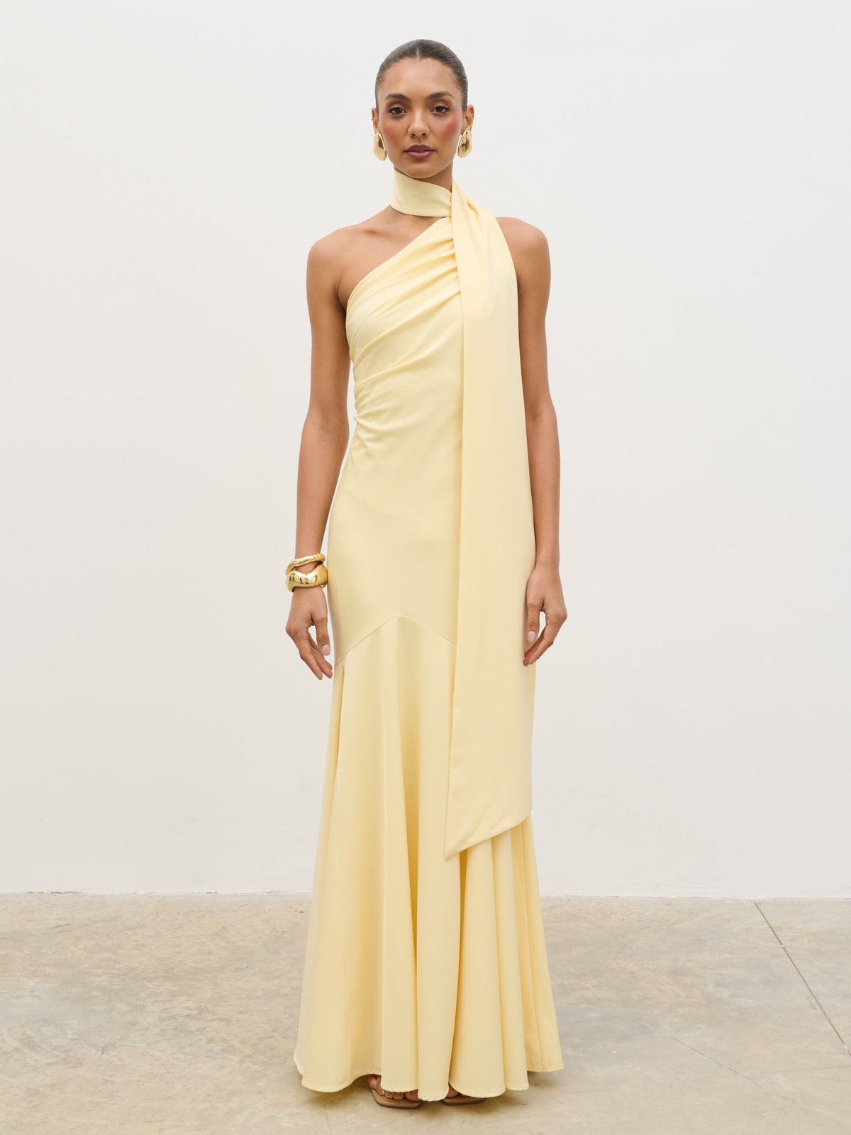 Porto One Shoulder Godet Maxi Dress - Lemon