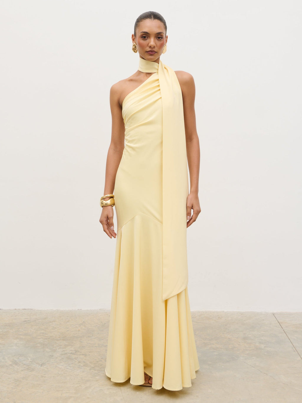 Porto One Shoulder Godet Maxi Dress - Lemon