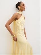 Porto One Shoulder Godet Maxi Dress - Lemon