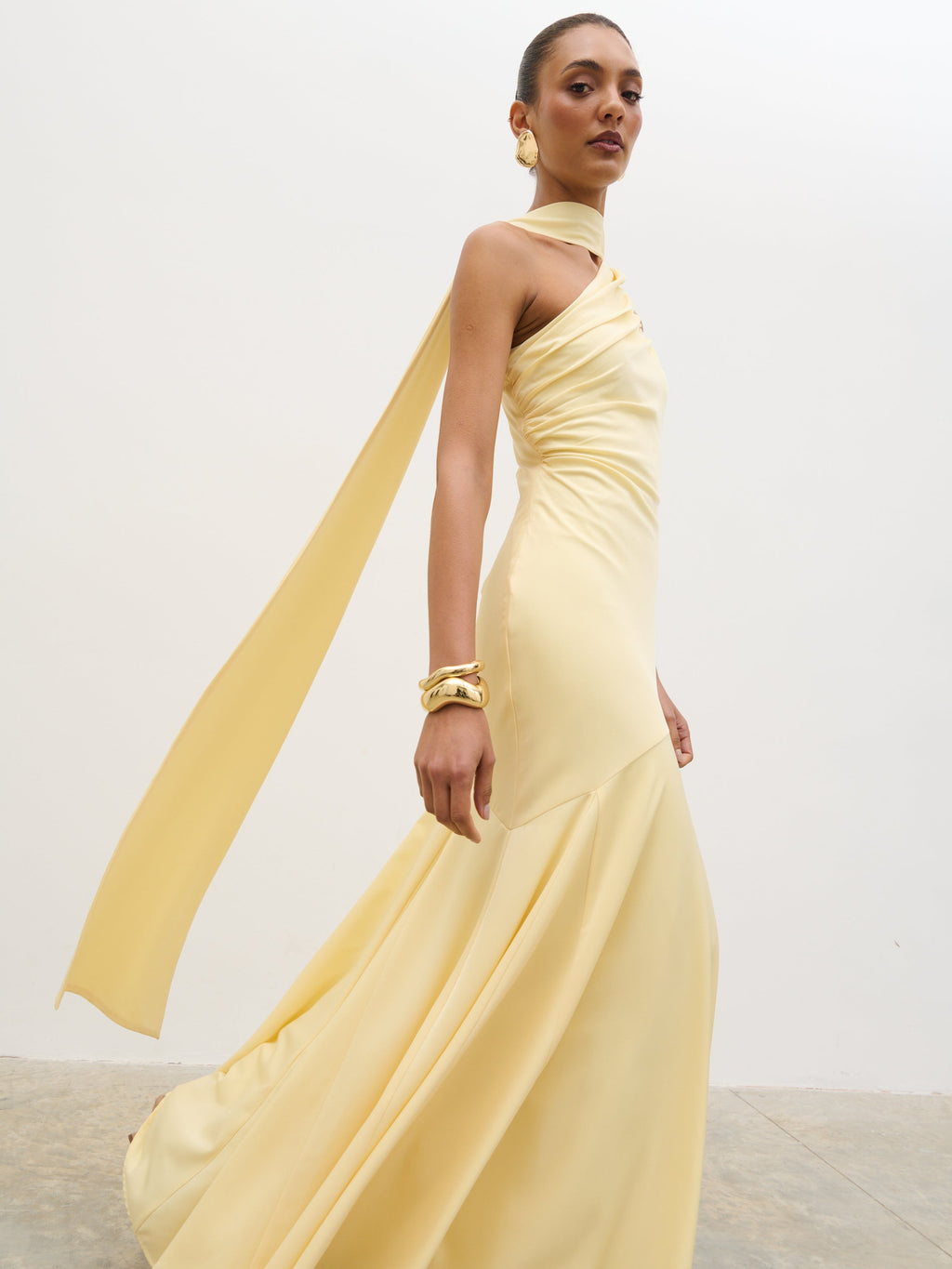 Porto One Shoulder Godet Maxi Dress - Lemon
