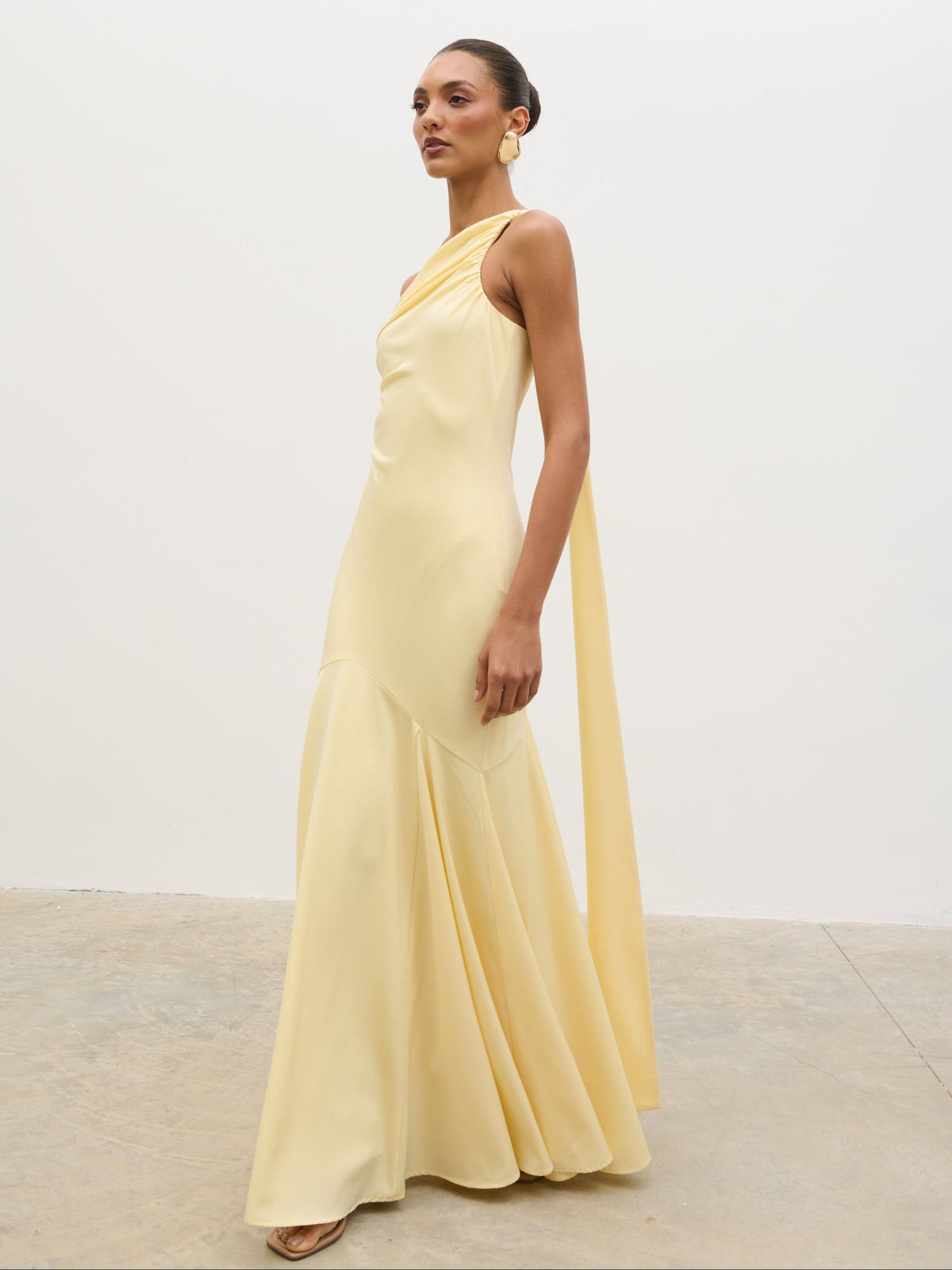 Porto One Shoulder Godet Maxi Dress - Lemon