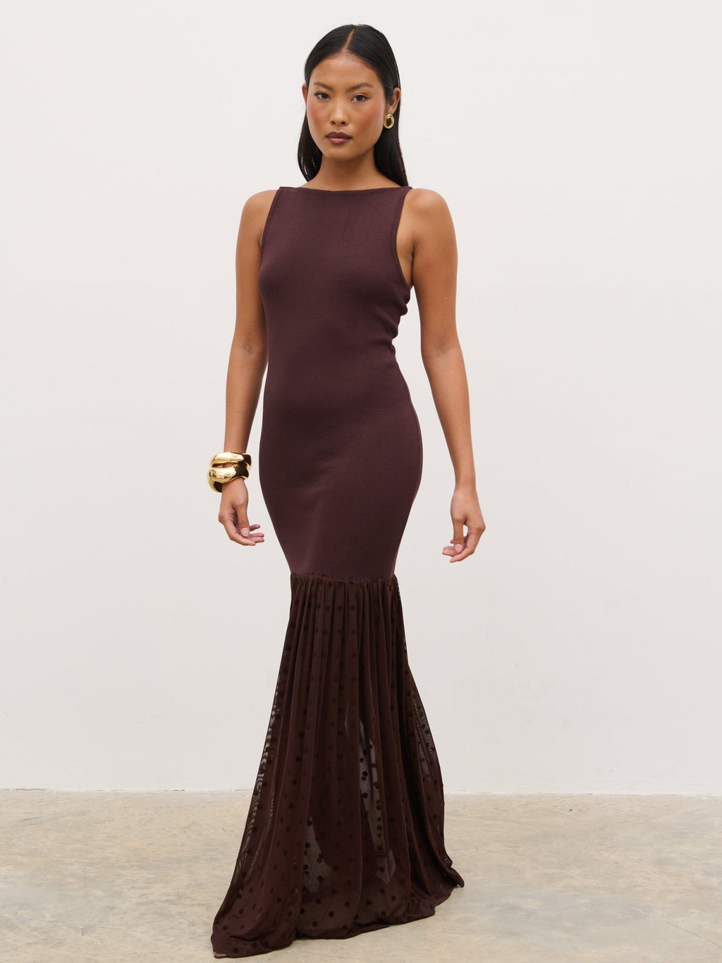 Rebecca Polka Dot Knit Woven Maxi Dress - Chocolate and Cream