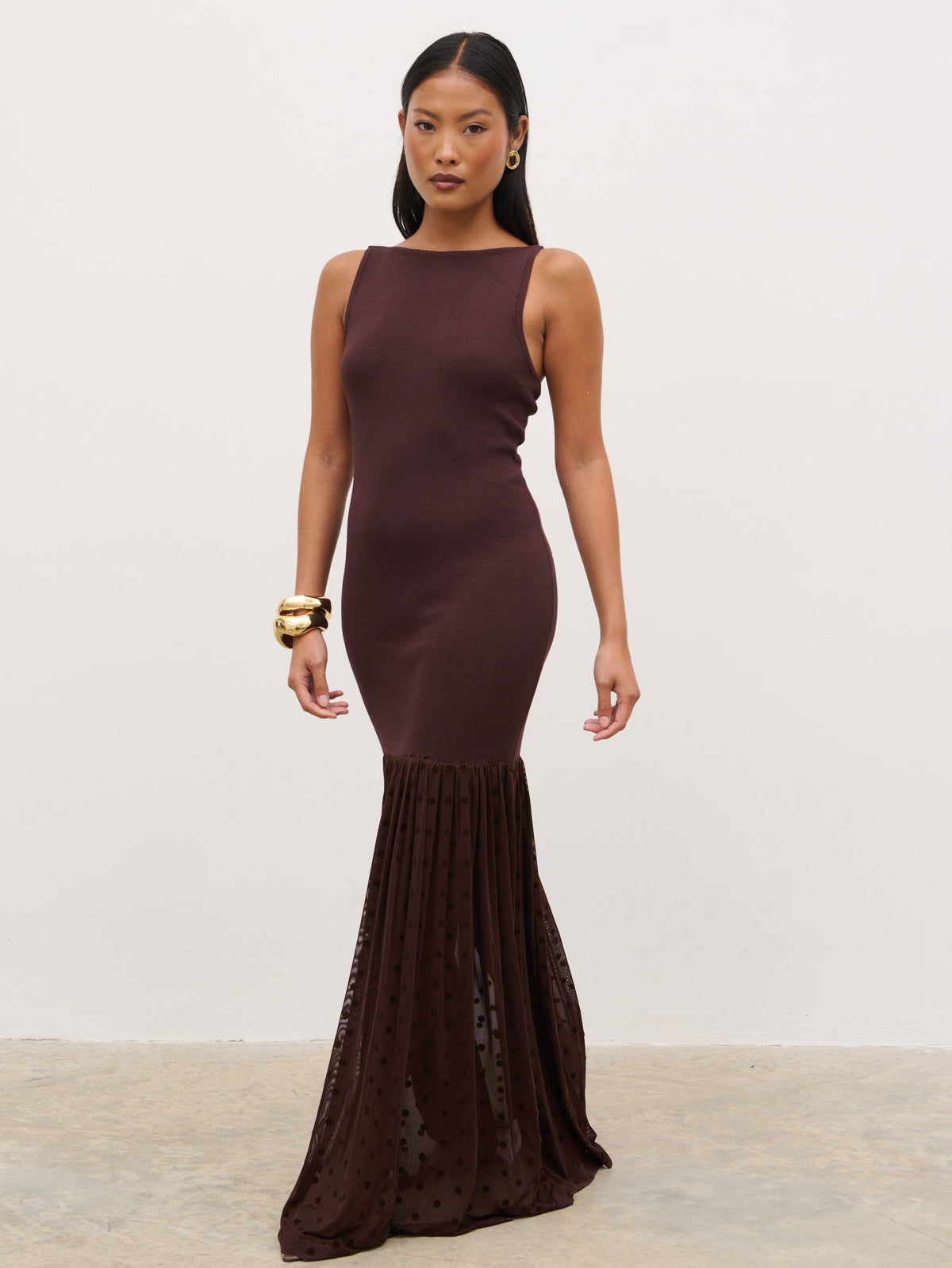Rebecca Polka Dot Knit Woven Maxi Dress - Chocolate and Cream