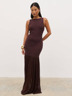 Rebecca Polka Dot Knit Woven Maxi Dress - Chocolate and Cream