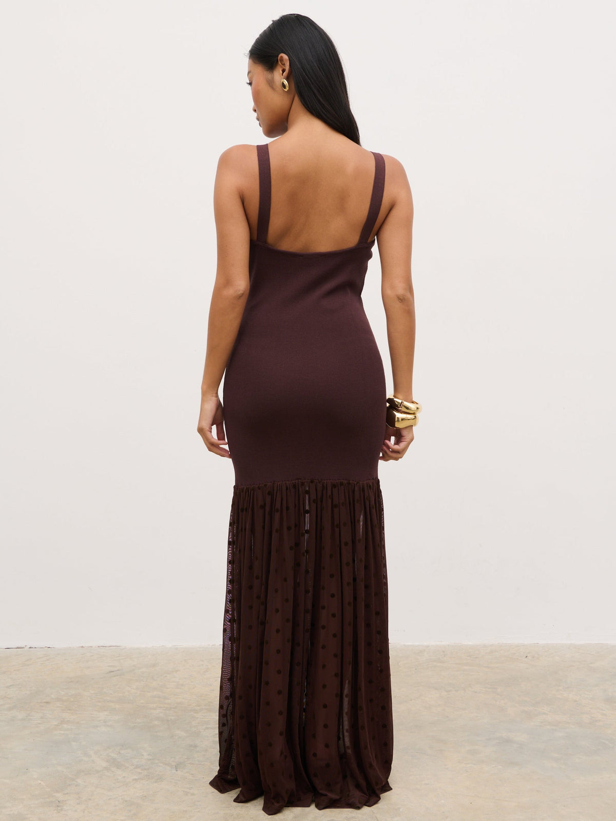 Rebecca Polka Dot Knit Woven Maxi Dress - Chocolate and Cream