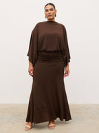Riven Jersey Ruched Waist Maxi Dress Curve - Chocolate Brown