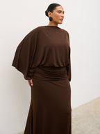 Riven Jersey Ruched Waist Maxi Dress Curve - Chocolate Brown