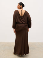 Riven Jersey Ruched Waist Maxi Dress Curve - Chocolate Brown