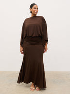Riven Jersey Ruched Waist Maxi Dress Curve - Chocolate Brown