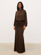 Riven Jersey Ruched Waist Maxi Dress - Chocolate Brown