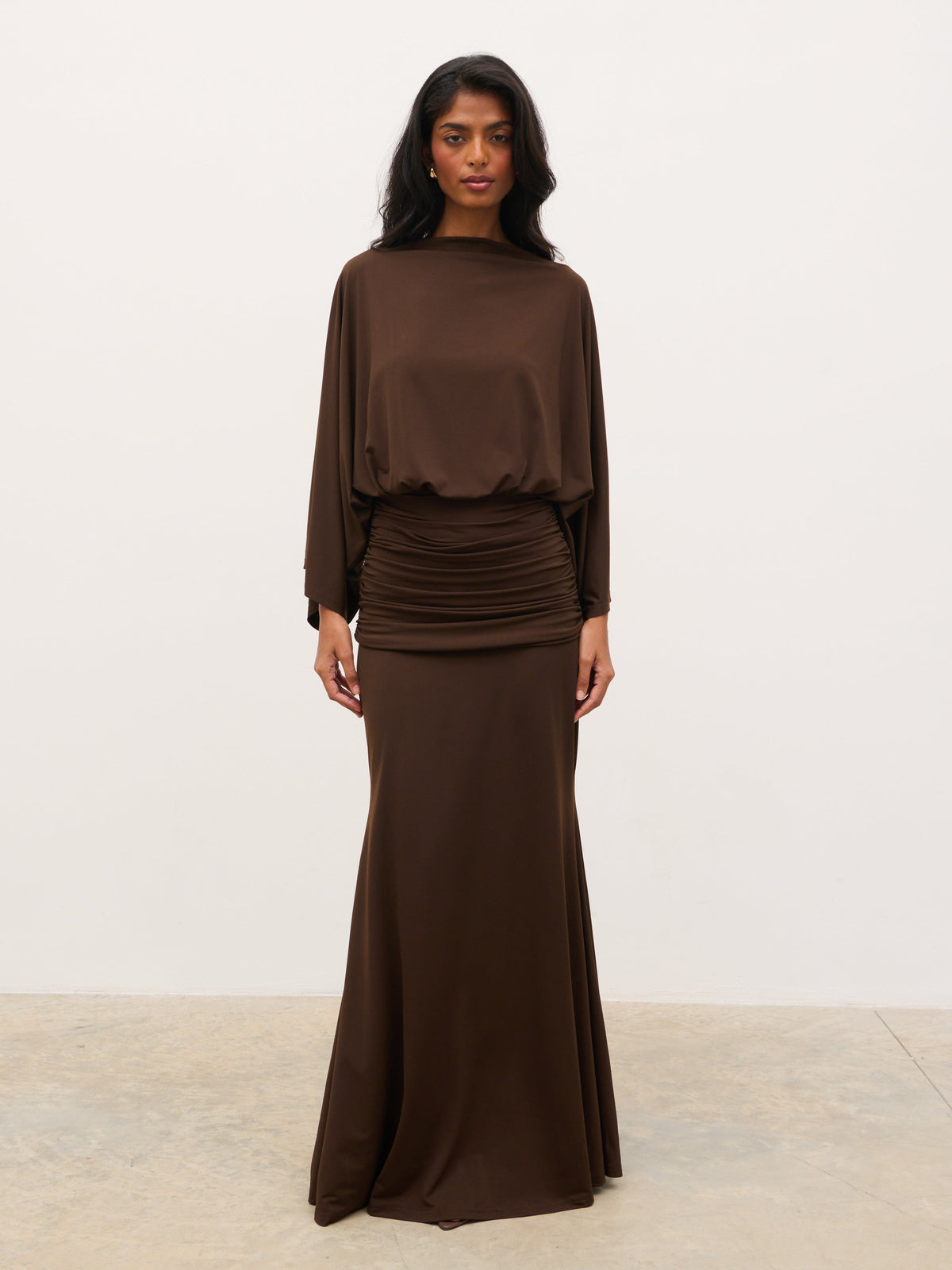 Riven Jersey Ruched Waist Maxi Dress - Chocolate Brown