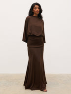 Riven Jersey Ruched Waist Maxi Dress - Chocolate Brown