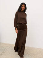 Riven Jersey Ruched Waist Maxi Dress - Chocolate Brown