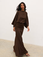 Riven Jersey Ruched Waist Maxi Dress - Chocolate Brown