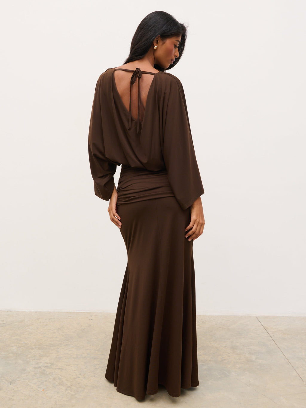 Riven Jersey Ruched Waist Maxi Dress - Chocolate Brown