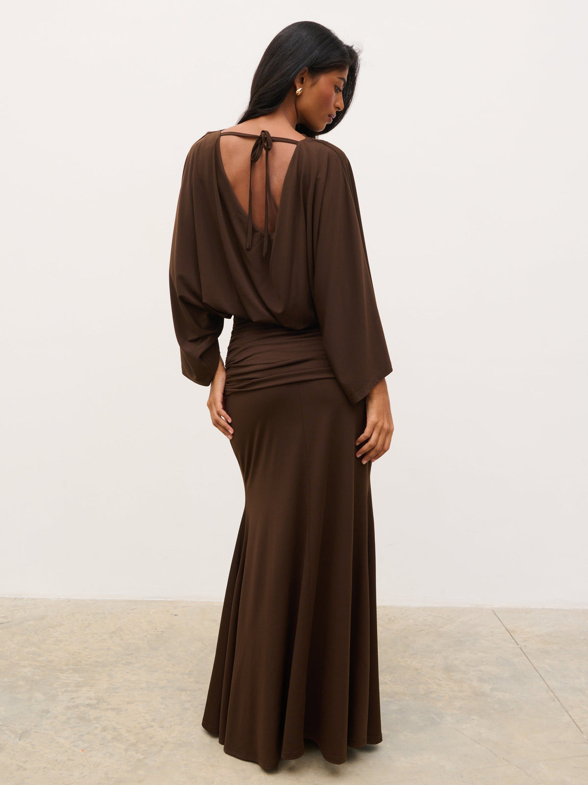 Riven Jersey Ruched Waist Maxi Dress - Chocolate Brown