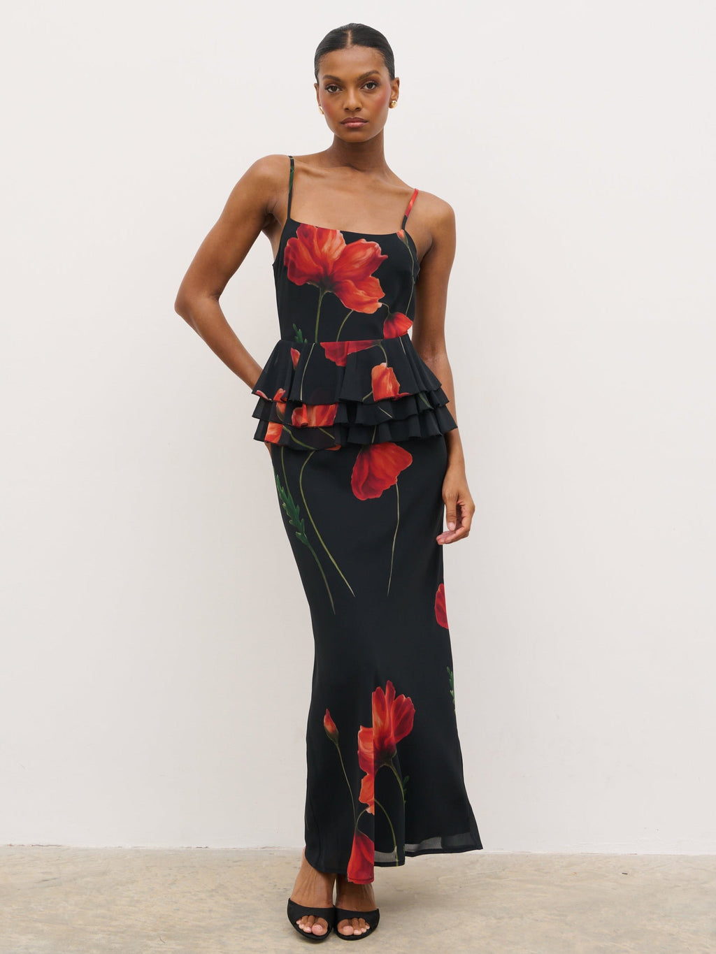 Rosie Peplum Ruffle Maxi Dress - Largescale Poppy Petal Red
