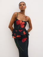 Rosie Peplum Ruffle Maxi Dress - Largescale Poppy Petal Red