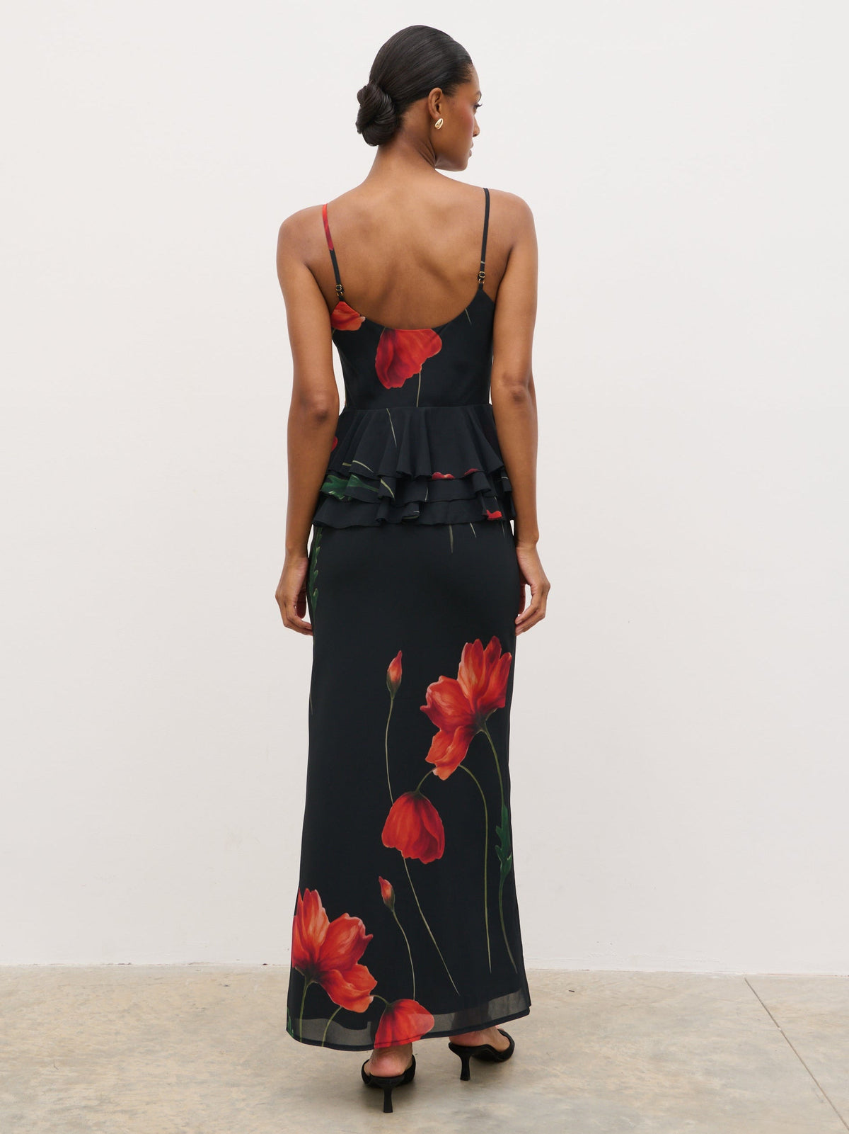 Rosie Peplum Ruffle Maxi Dress - Largescale Poppy Petal Red