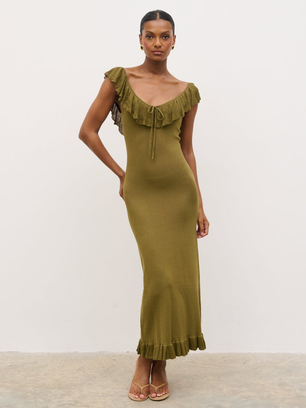 Sascha Frill Detail Knit Midaxi Dress - Tarragon Green