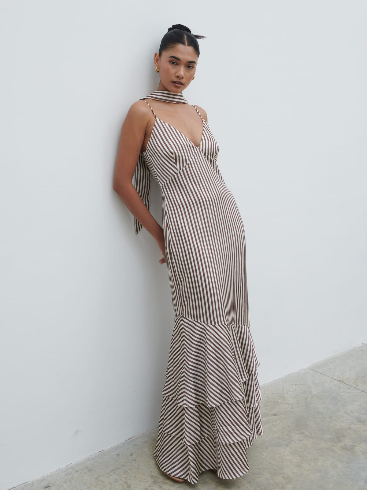 Serita V Neck Tiered Maxi Dress - Brown and Cream Stripe