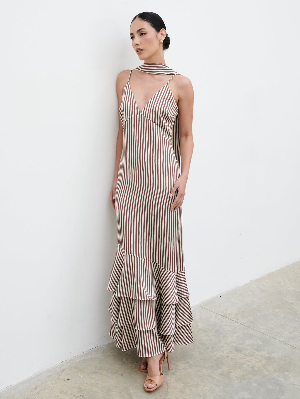 Serita V Neck Tiered Maxi Dress - Brown and Cream Stripe