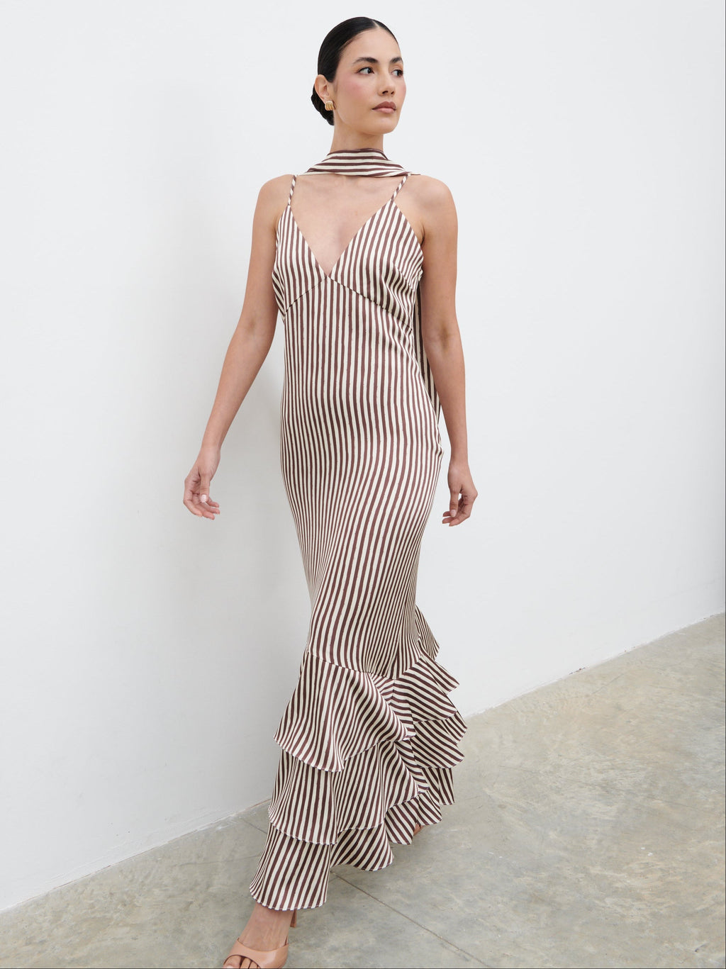Serita V Neck Tiered Maxi Dress - Brown and Cream Stripe